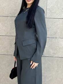 Hitanina 女士优雅通勤日常百搭街头时尚新款不对称翻领纽扣腰长袖西装外套和高腰长裤卡其灰色 2 件套西装套装 - 深灰色 - 查看 3