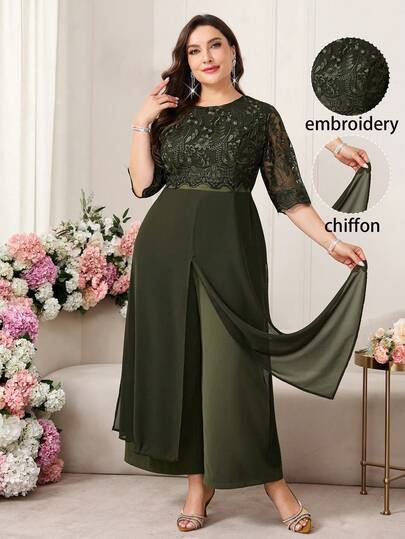 Reflora Plus Size Elegant Embroidered Knit Patchwork Round Neck Simple Fashion Jumpsuit, Suitable For Summer Women's Suit, Western Dress, Plus Size Women's Clothing, Pants, Dress, Blue Plus Size Women's Clothing, Formal Occasion Dress, Party Dress, Rave Party Outfit, Country Music Festival Outfit, Graduation Ceremony Outfit, Women's Elegant Jumpsuit, New Year Outfit, Thanksgiving Outfit, Thanksgiving, Women's Luxury, Plus Size Pants Summer,Spring,Summer Outfits ,Summer Clothes,Summer Holiday Outfits,Spring Outfit Women,Spring Clothing,Spring Women,Luxury Evening Dresses For Women,Luxury Women's Jalabiya,Luxury Evening Dress For Women ,Luxury Evening Dresses For Weddings,Luxury Women's Abaya Wedding,Weddings  Events,Wedding,Green