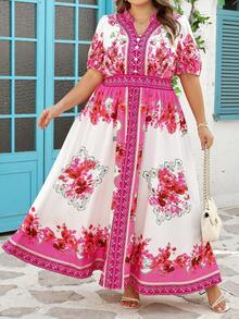 SHEIN CURVE+ Curve 尺码 US22 音乐节、海滨度假、波西米亚风女士印花立领花瓣袖度假连衣裙 - 紅白色 - 查看 3