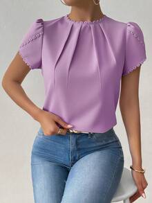 Rafferiza Blusa elegante y casual de mujer con cuello de encaje de unicolor, parche y volantes en las mangas acampanadas - Morado - Ver 6