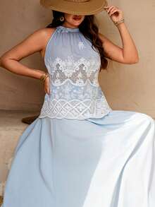Breezaya Conjunto de 2 peças com Blusa de Decote Halter e Saia, Estilo Elegante de Férias com Bordado e Renda, Adequado para Primavera/Verão, Volta às Aulas, Férias, Formatura, Dia dos Namorados, Natal, Festival de Música, Dia das Mães, Halloween, Ação de Graças, Páscoa, Dia Nacional, Baile de Formatura, Aniversário, Encontro, Casamento, Atividades ao Ar Livre - Azul - Visão 8