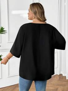 SHEIN CURVE+ Plus Size Casual Black Decorative Button Notched Neck 3/4 Sleeve Loose Blouse, Black Notched Neck Blouse, Fashionable Women Blouse, Going Out Tops - Black - View 3