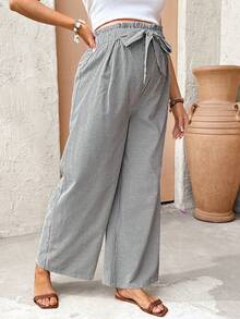 SHEIN 孕妇条纹系带阔腿宽松休闲裤 - 黑色 - 查看 7