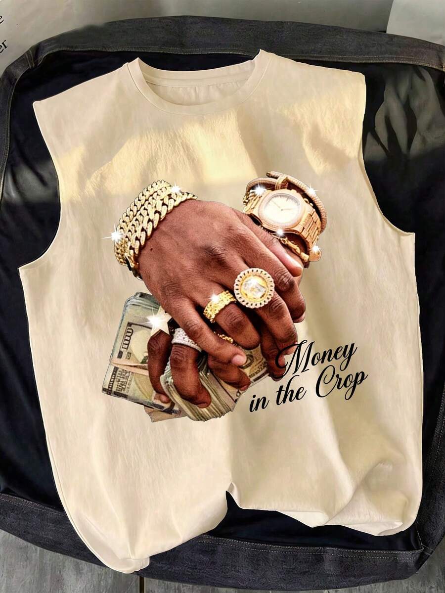 Manfinity Dauomo 男士标语印花圆领休闲百搭背心 - 杏色 - 查看 1