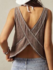 SHEIN BohoFeels Women Solid Color V-Neck Asymmetrical Hem Knit Vest,Summer Top - Coffee Brown - View 2