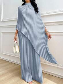 Modelyn 女士纯色立领蝙蝠袖褶皱宽松长连衣裙 - 藍色 - 查看 3