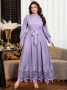 Modelyn 大码纯色长袖雪纺双层荷叶边下摆优雅浪漫连衣裙 - 淡紫色 - 查看 4