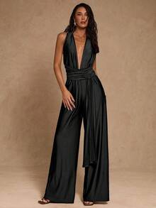 SHEIN Glamour Mono de mujer con escote en V profundo, espalda descubierta y cuello halter de moda y sexy - Negro - Ver 5