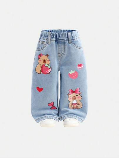 SHEIN 女婴可爱卡通水豚印花宽松蓝色牛仔裤