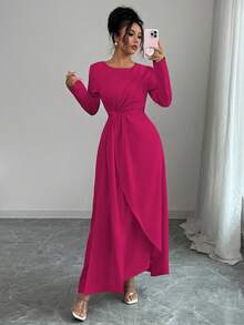Elenzga Women's Solid Color Round Neck Pleated Elegant Long Sleeve Dress - Hot Pink - View 3