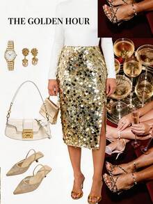 Ellevyn Gold Sequin High Slit Skirt, Elegant & Fashionable For Party - Gold - View 1