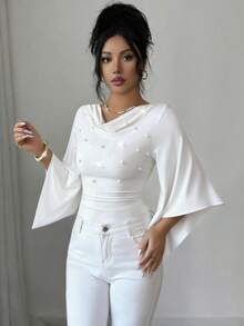Elenzga Áo thun nữ dệt kim cổ đính ngọc trai, vạt xéo, tay lỡ 3/4, dáng ôm vừa vặn, thanh lịch, thích hợp đi làm, đi nghỉ mát, dự tiệc, ăn tối, dạo phố, mùa xuân/hè. - trắng - Xem 6
