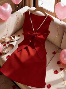 GlowEve Women's Red Backless Beaded Bow Decor Sleeveless Dress - Red - View 4