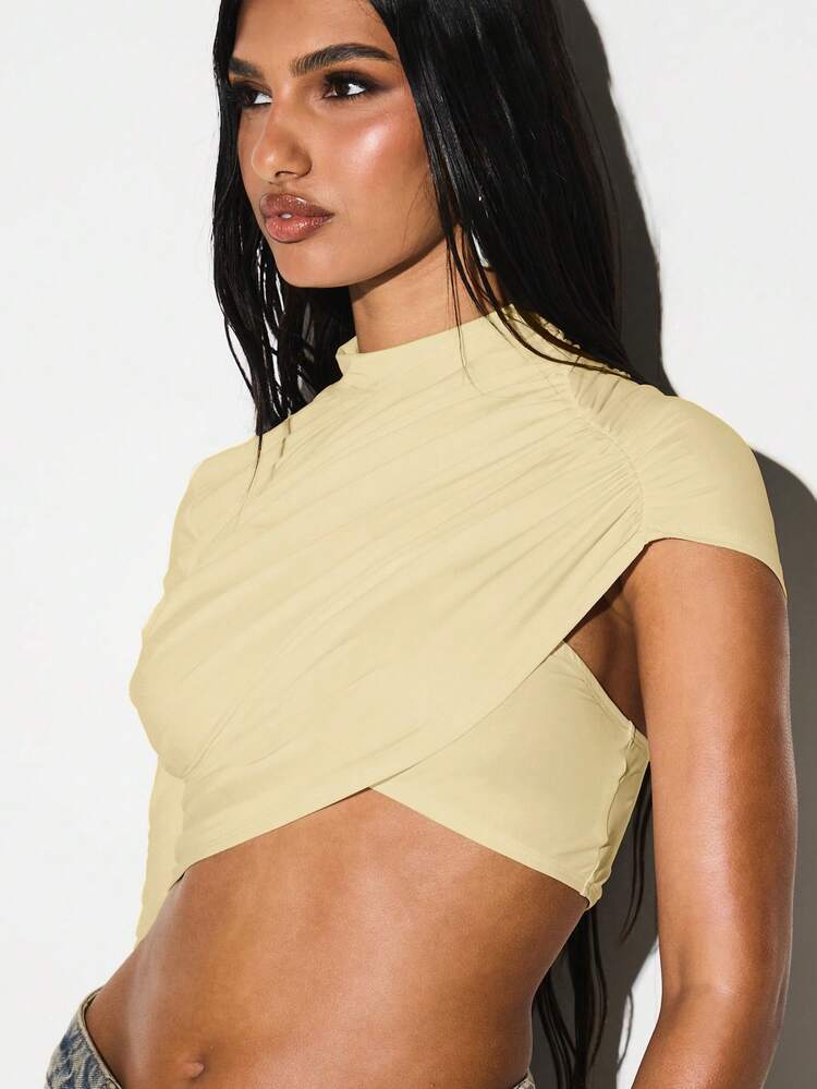 KIZN Women's Yellow One Shoulder Asymmetrical Cutout Top With Long Sleeve And High Neck Drape