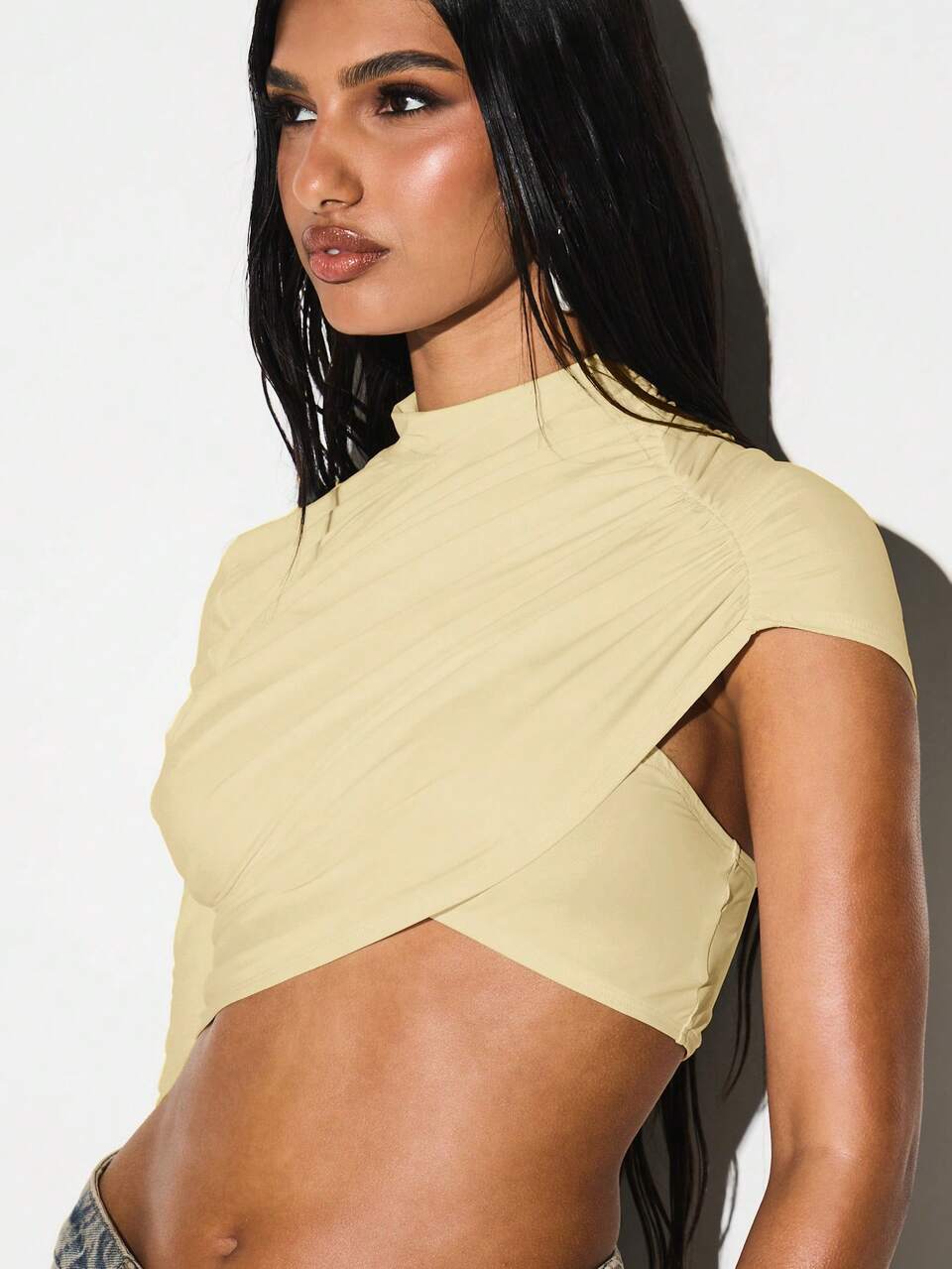 Women's Yellow One Shoulder Asymmetrical Cutout Top With Long Sleeve And High Neck Drape