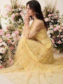 Anewsta 浅黄色圆领长袖无肩带半透明A字连衣裙，适合婚礼、生日派对、宴会等场合。 - 鵝黃色 - 查看 2