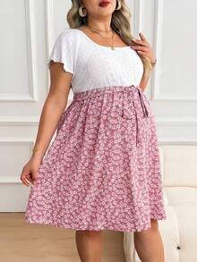 Plussiva Maternity Plus Size Casual Ditsy Floral Patchwork Dress - Pink - View 4