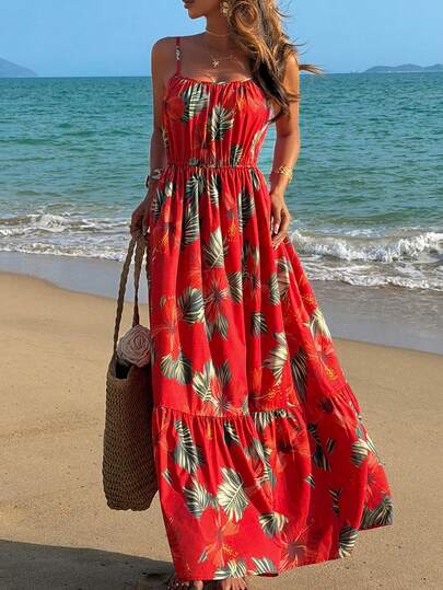 Breezaya Đầm nữ thanh lịch in hoa, đầm đỏ đi biển, đầm hai dây mùa hè.