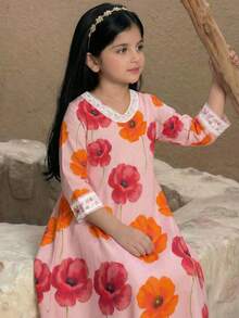 SHEIN DRMZ Young Girl Flamingo Print Long Sleeve Dress,Pink Autumn Holiday Party Arabian Robe,Elegant Floral Collar Kaftan Jalabiya Pakistani Kids Clothes - Multicolor - View 5