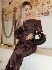 salliqueen 女士优雅花卉刺绣露肩中长连衣裙，秋季 - 咖啡棕 - 查看 4