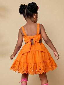 SHEIN 少女镂空刺绣荷叶边连衣裙 夏季假日 - 橘色 - 查看 1