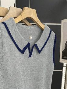 Franclia Oatmeal Knitted Vest With Navy Blue Trim,Polo Collar Half-Button Design,Sleeveless Slim Fit,Soft Ribbed Fabric,Casual Back-To-School Autumn School - Dark Grey - View 6