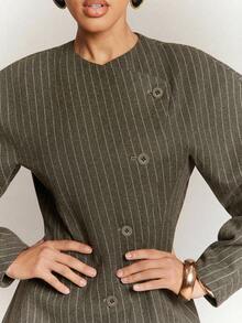 Hauture Women's Striped Print Round Neck Casual Versatile Long Sleeve Top - Khaki - View 2