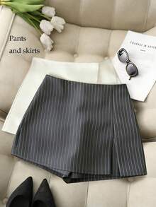 Franclia Falda de cintura alta de estilo a línea con rayas, con pantalones cortos incorporados, cintura elástica, estilo casual y de moda para jóvenes. Minifalda a rayas blanca y negra, faldas pantalón, faldas cortas, microfaldas, faldas pantalón para mujeres, faldas para la oficina, pantalones cortos de trabajo para mujeres, pantalones culotte, falda hakama, pantalones cortos de trabajo Y2K, faldas de mezclilla para mujeres, faldas plisadas de cintura alta para damas, faldas para mujeres - Gris - Ver 3