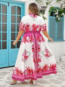 SHEIN CURVE+ Curve 尺码 US22 音乐节、海滨度假、波西米亚风女士印花立领花瓣袖度假连衣裙 - 紅白色 - 查看 2