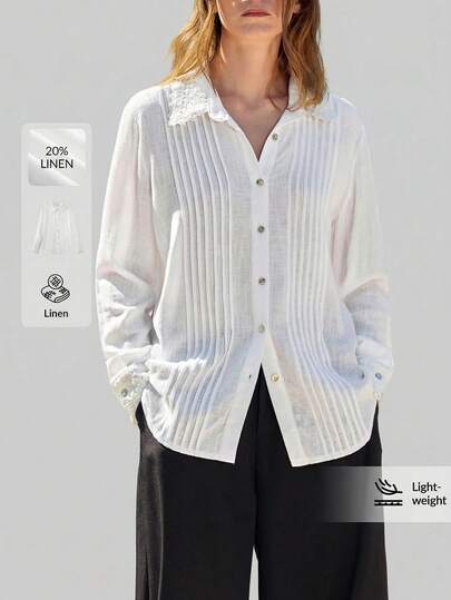 Ontre Blusa de mujer de mezcla de lino SS 2026, tela tejida cómoda y transpirable, cuello vuelto, manga larga, botones, corte holgado, adorno floral, estilo urbano moderno y casual de oficina, atuendo elegante y formal para bodas, invitados, vacaciones y temporada, diseño minimalista y versátil de lujo