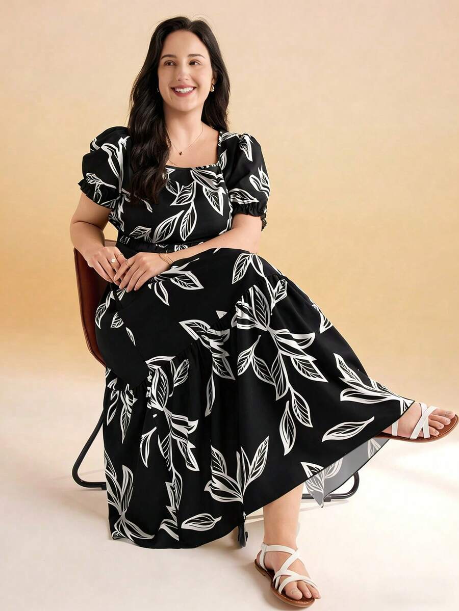 Momelise 大码女式印花梭织面料方领短袖A字宽松休闲度假日常时尚舒适优雅连衣裙,适合春夏穿着 - 彩色 - 查看 1