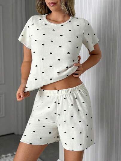 SHEIN Cotton 2pcs White With Black Heart Pattern Rib Knit Round Neck Short Sleeved Shirt&Short Contrast Stitch Detailed Homewear Comfort Casual Women 2pcs Pajama Set
