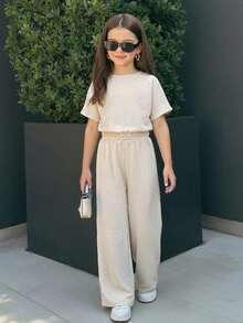 Firerie Kids 少女宽松腰身杏色纹理两件套，休闲时尚，百搭，适合派对、郊游、姐妹合照、公园、露营、度假、日常休闲等场合。 - 杏色 - 查看 1