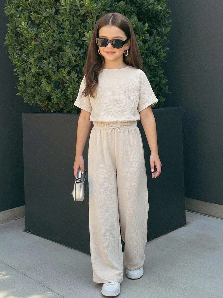 Firerie Kids 少女宽松腰身杏色纹理两件套，休闲时尚，百搭，适合派对、郊游、姐妹合照、公园、露营、度假、日常休闲等场合。 - 杏色 - 查看 1