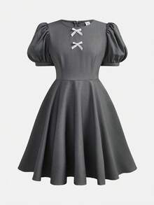 SHEIN Tween Girls' Gray Dress With Cute Bow & Puff Sleeves, Waist Cinched, Collegiate Style, Versatile Casual Dress - Grey - View 6