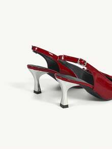 CUCCOO CHICEST Sapatos Femininos: Mini Laço Decorativo Bico Fino Salto Agulha Metalizado Prata, Sapatos Slingback de Couro Sintético Vermelhos Altos Elegantes e Únicos com Estilo Punk para Moda de Rua, Transporte, Festa de Natal e Ano Novo, Clima de Outono e Inverno - Vermelho - Visão 5