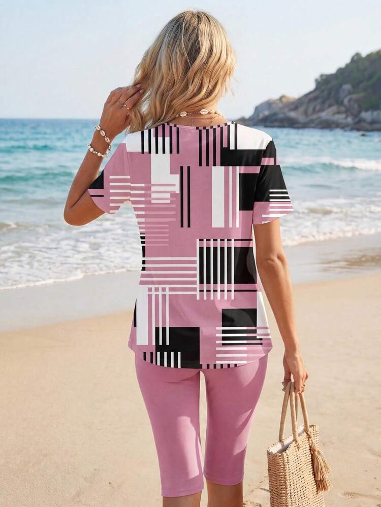 2pcs Women's Simple Color Block Pattern Casual Set, Suitable For Summer Suitable For Going Out,Casual