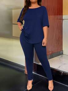 Maweii Plus Size Round Neck Backless Printed Half Sleeve 2 Pieces Set - Navy Blue - View 6