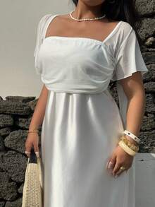 Sunnyshic Plus Size Women's Casual Vacation Dress With Spaghetti Straps And Flowy Hem - White - View 4