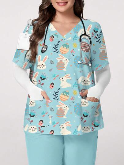 PopScrub Cute Rabbit Holding Eggs & Floral Print V-Neck Short Sleeve Pocket Dress With Ear Decor And Side Slit, Plus Size Scrub Top, Suitable For Spring/Summer Nurse/Healthcare Uniform, Easter & Rabbit Lover Outfit