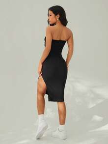 SHEIN PETITE Two Pieces Set Knitted Split Strapless Dress,Summer Dresses For Women - Grey - View 2