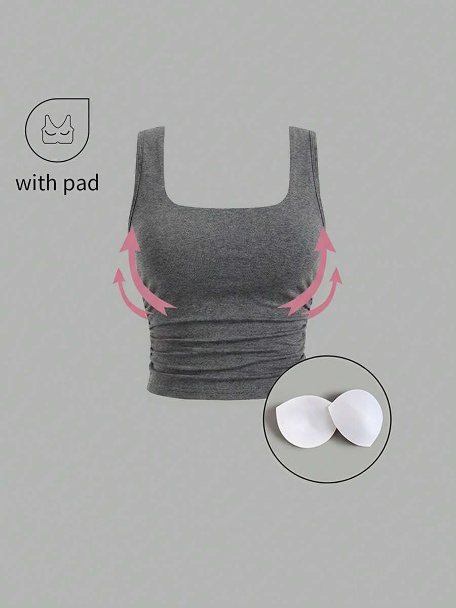SHEIN Sweetro Áo tank top dáng ôm cổ vuông, màu trơn, xếp ly, thích hợp mặc mùa hè. - Xám - Xem 1