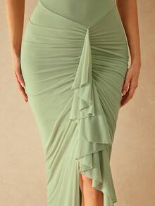 Silquee 女士深V领荷叶边无袖修身连衣裙 - 橄欖綠 - 查看 5