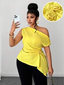 Maweii Women's Yellow Summer Elegant Night Blouse,Plus Size Asymmetric Collar Sleeveless Pleated 3D Floral Fashionable Niche Design Vacation Graceful Top - Yellow - View 1