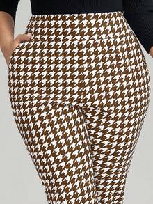 Comfylo Plus Size Houndstooth Print High Waist Slim Fit Pants - Brown - View 9