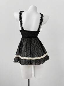 Sunspun New Arrival Sweet Elegant Going Out Tops, Bow Accent, Chiffon Textured Fuzzy Fabric Patchwork Lace Ruffle Trim Bowknot Spaghetti Strap Peplum Hem Cropped Tank Top, Spring/Summer/Fall - Black - View 2