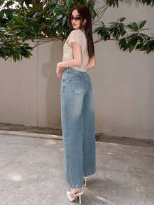 Bris Aura 女式阔腿牛仔裤，带口袋，宽松牛仔裤 - 中等水洗藍 - 查看 3