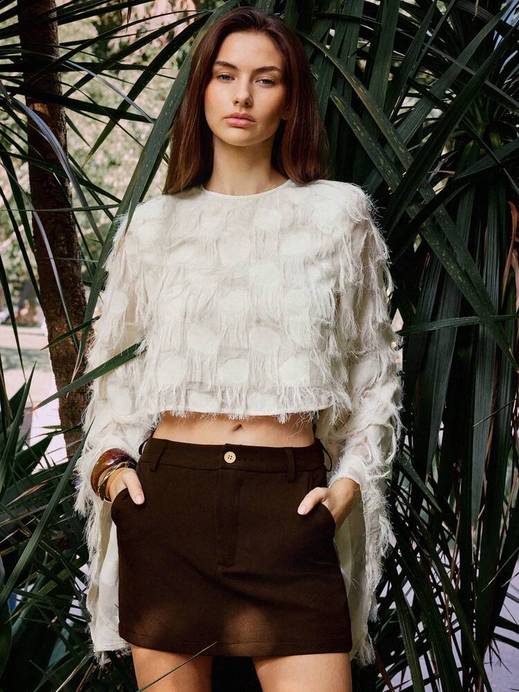 SHEIN Maija Outfit Deas For Top Apricot Shawl Collar Blouse, Elegant Urban Style For Wedding Season Wedding Party Graduation Ceremony Birthday Elegant Work Outfits For Women Fringe Top Fringe Tops For Women Feather Top Boho Blouses For Women Crop Top Women's Summer Outfits Festival Outfits For Women