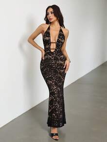 SHEIN PETITE 女士度假纯色针织蕾丝露背深V领露肩长裙，深V领设计，适合秋冬季节、晚宴、万圣节、圣诞节、新年、感恩节等场合，也可作为优雅派对礼服、婚礼晚礼服、沙滩装、毕业典礼、舞会礼服等。 - 黑色 - 查看 8