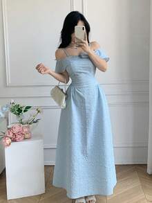 Celisse Đầm dạ hội dài nữ kiểu dáng thanh lịch, xếp ly, trễ vai, thắt eo, chất liệu jacquard. - Màu xanh lam - Xem 5